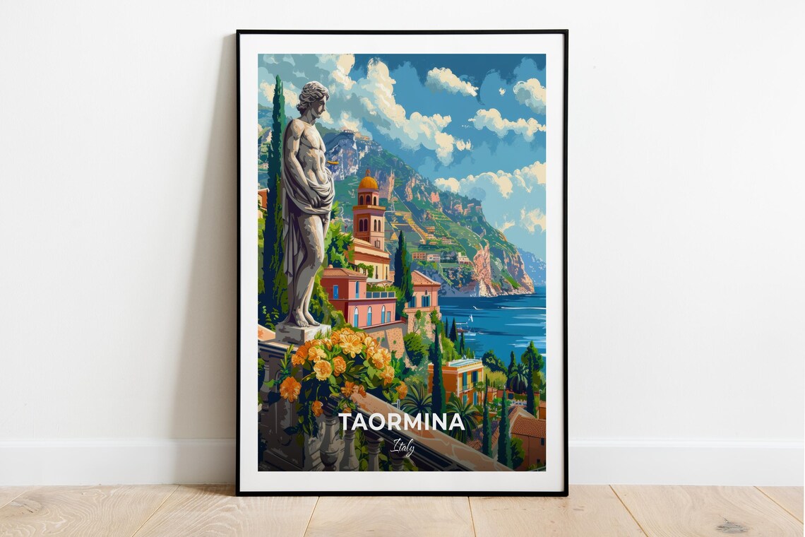Taormina Italy Coastal Town Statue Church Dome Sea View Travel Poster