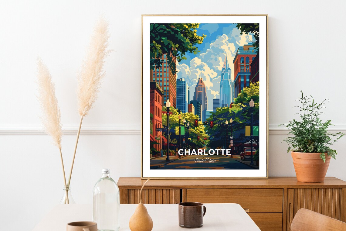 Charlotte United States Uptown Skyline Tree Lined Street Sunny Poster - Image 2