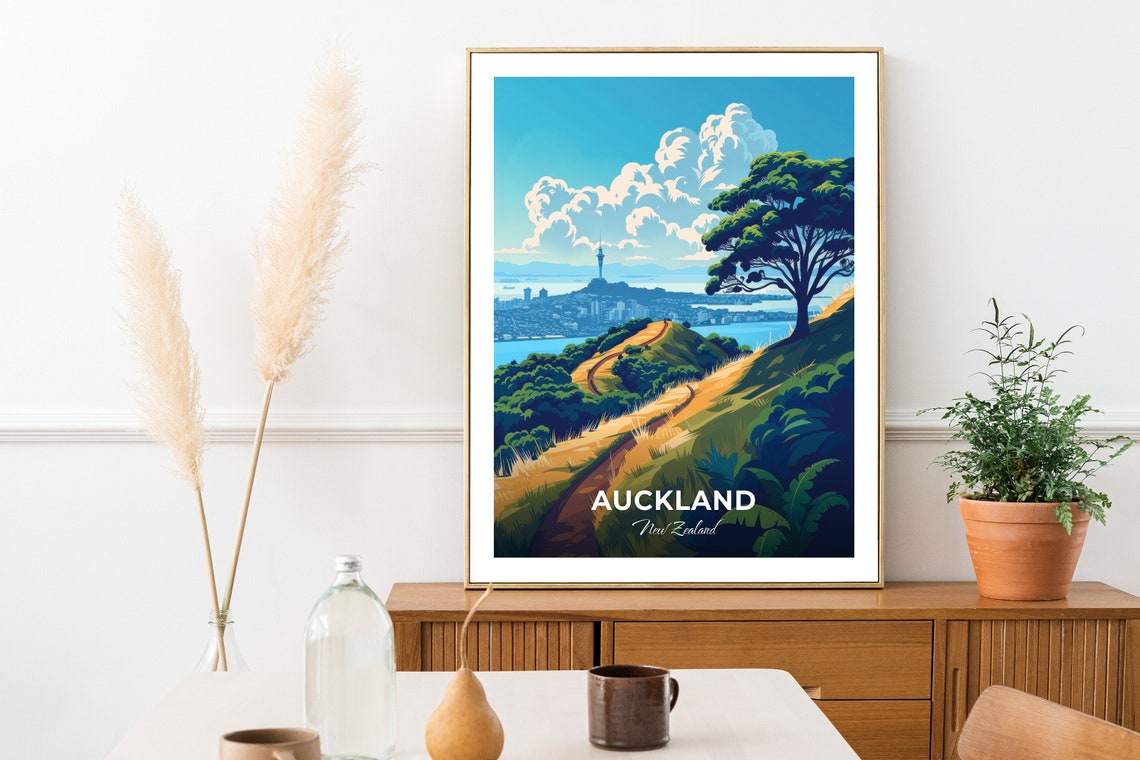 Auckland Mount Eden Tree Skyline Sky Tower New Zealand Travel Poster - Image 3