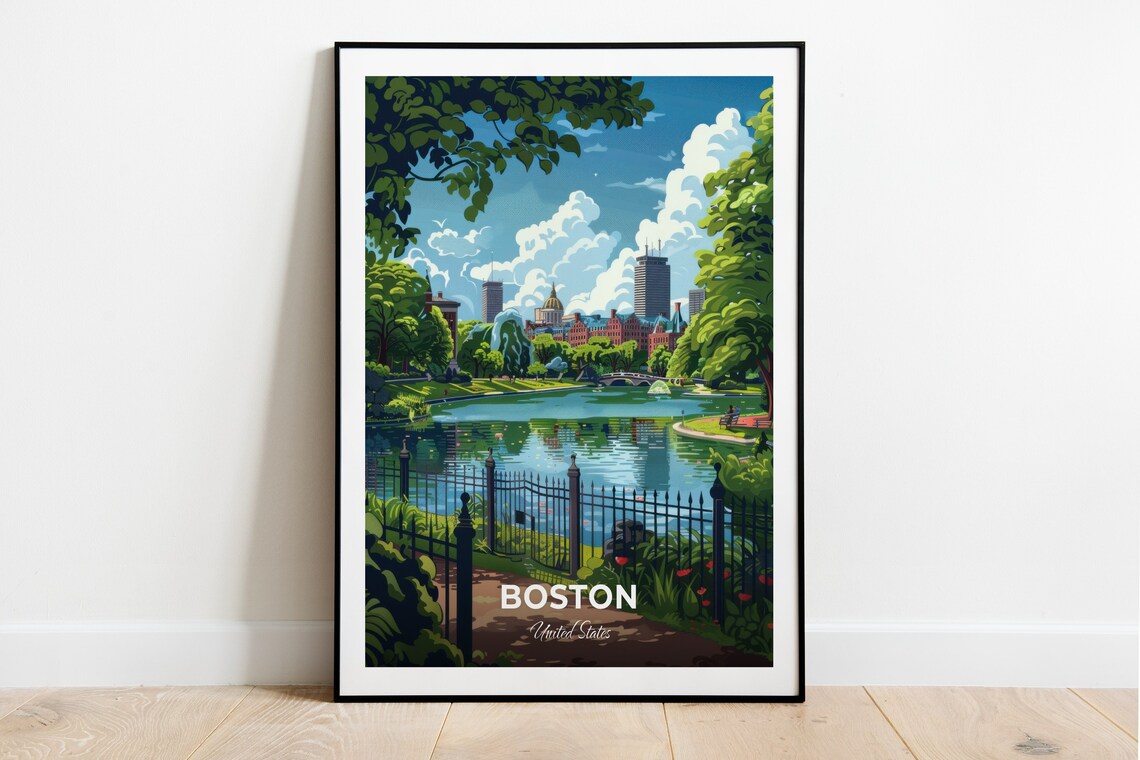 Boston Public Garden Lagoon Green Park Skyline Summer Travel Poster