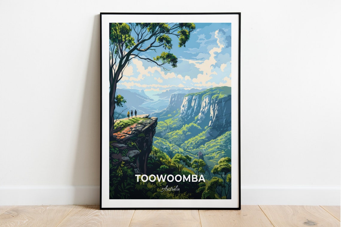 Toowoomba Australia Hikers on Cliffs Overlooking Green Valley Poster
