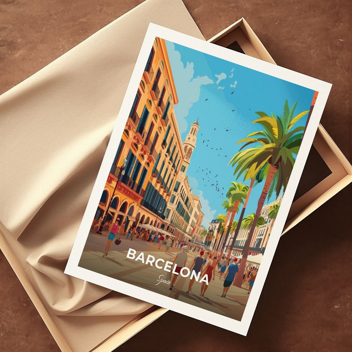 Barcelona Spain Placa Reial Palm Square Crowds Vintage Travel Poster - Image 3