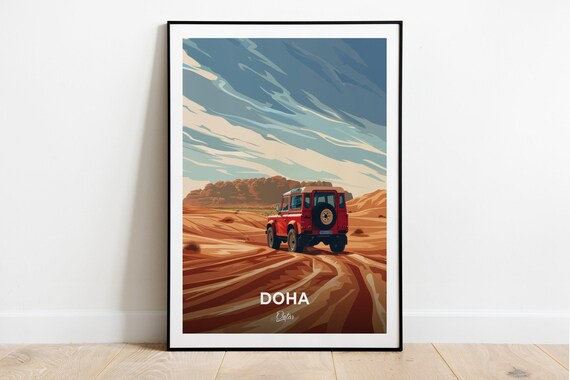 Doha Qatar Desert Safari Red Jeep Dunes Travel Adventure Poster