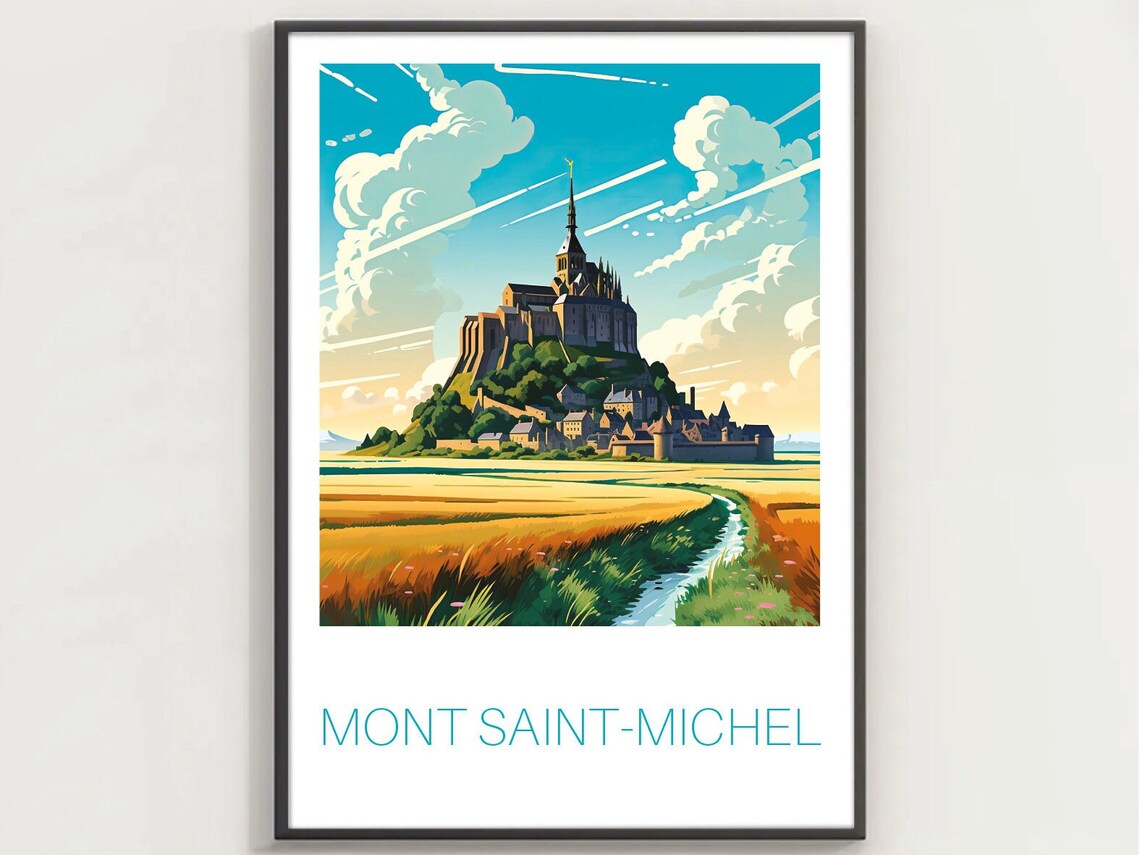 Mont Saint-Michel Teal Typography Island Abbey Bay Scene Poster