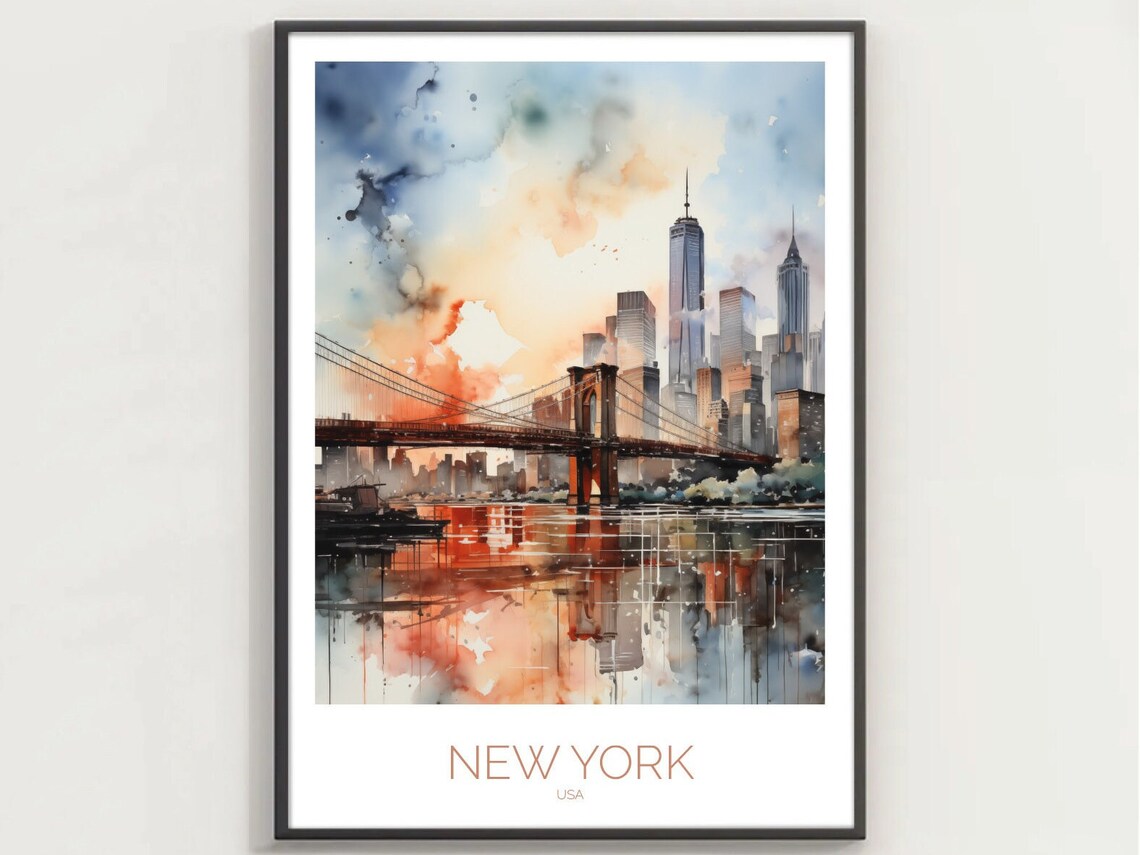 Brooklyn Bridge Sunset Watercolor New York Skyline Travel Poster