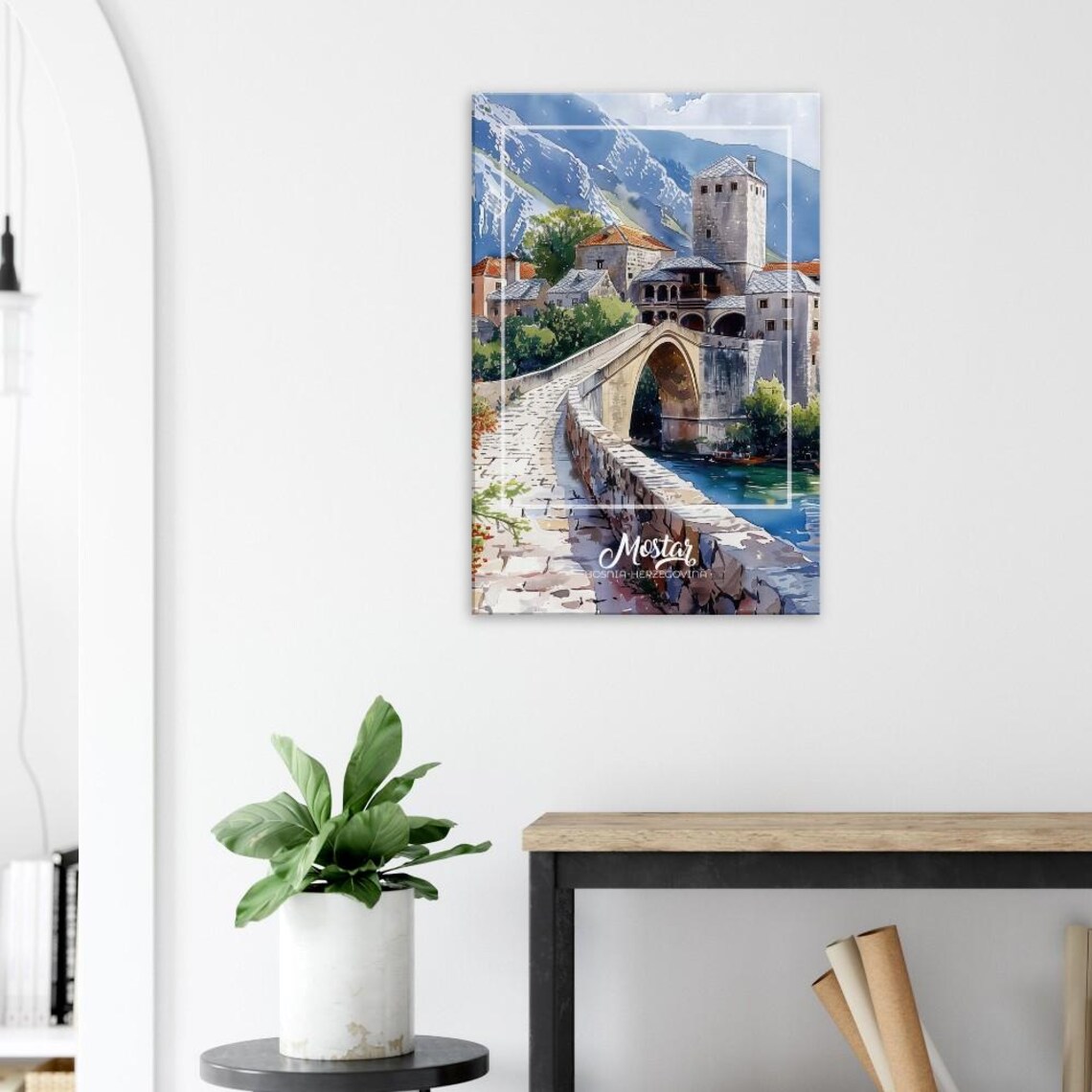 Mostar Bosnia Stari Most Old Stone Bridge Watercolor Scene Poster - Image 2