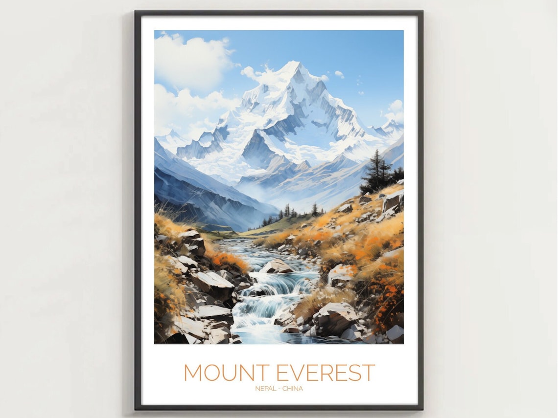 Mount Everest Watercolor Snow Peak Rocky Stream View Alpine Poster