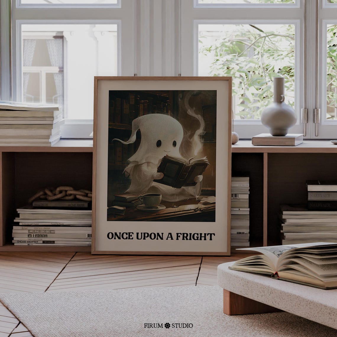 Once Upon A Fright Cute Ghost Reading Book Vintage Halloween Poster