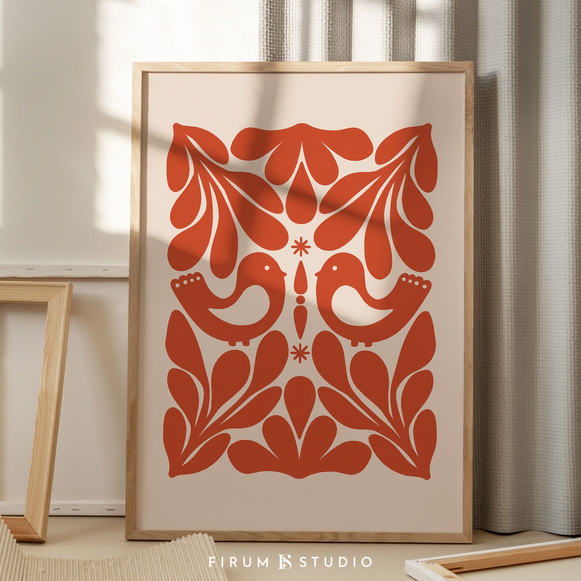 Red Scandinavian Folk Art Birds Symmetrical Botanical Christmas Print