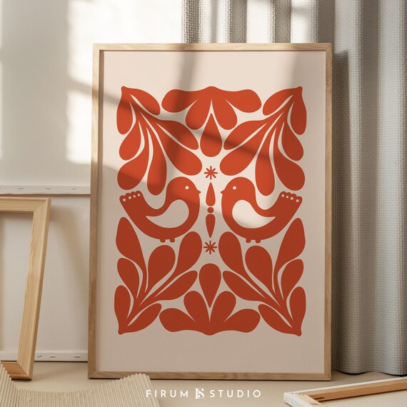 Red Scandinavian Folk Art Birds Symmetrical Botanical Christmas Print