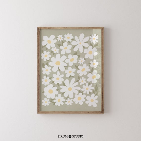 Daisies Sage Green Boho Floral Art Print