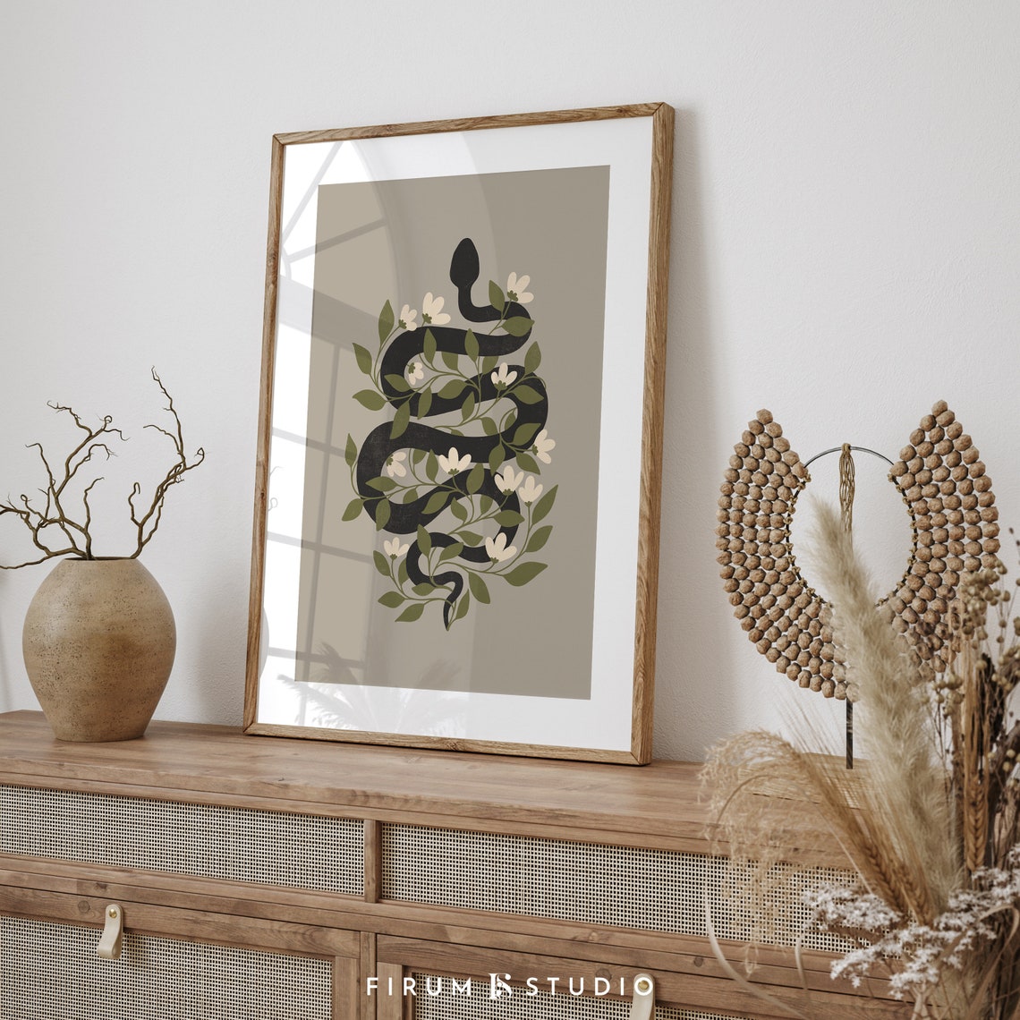 Black Snake Coiled Among White Flowers Botanical Neutral Wall Art