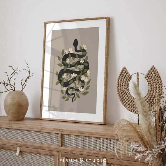 Black Snake Coiled Among White Flowers Botanical Neutral Wall Art