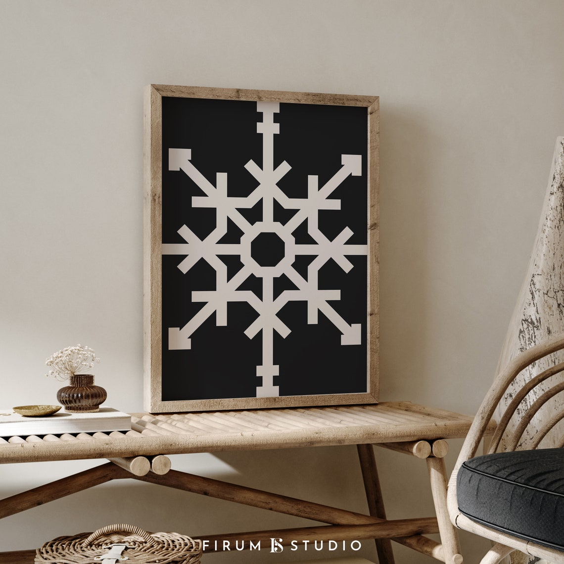 White Geometric Snowflake on Black Minimalist Christmas Art Poster