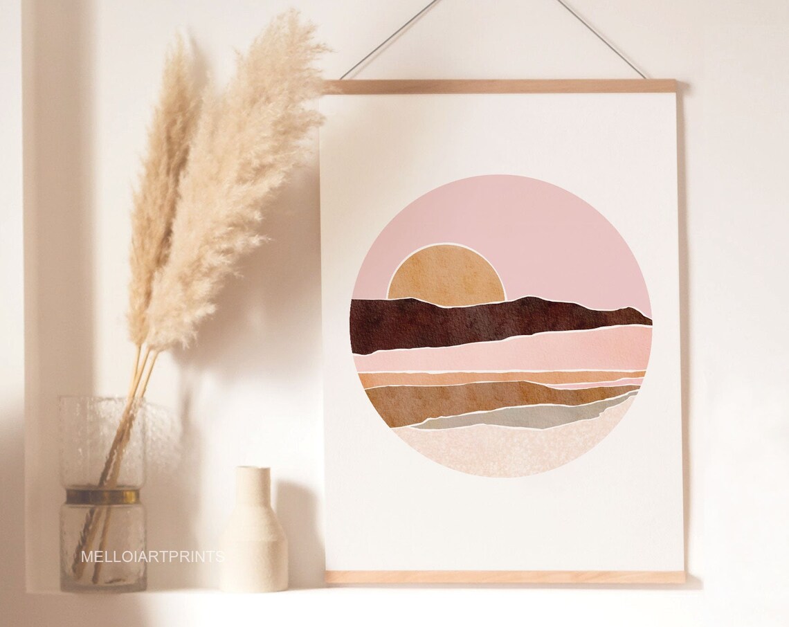 Blush Pink Sunset Sun Over Layered Desert Hills Circle Poster
