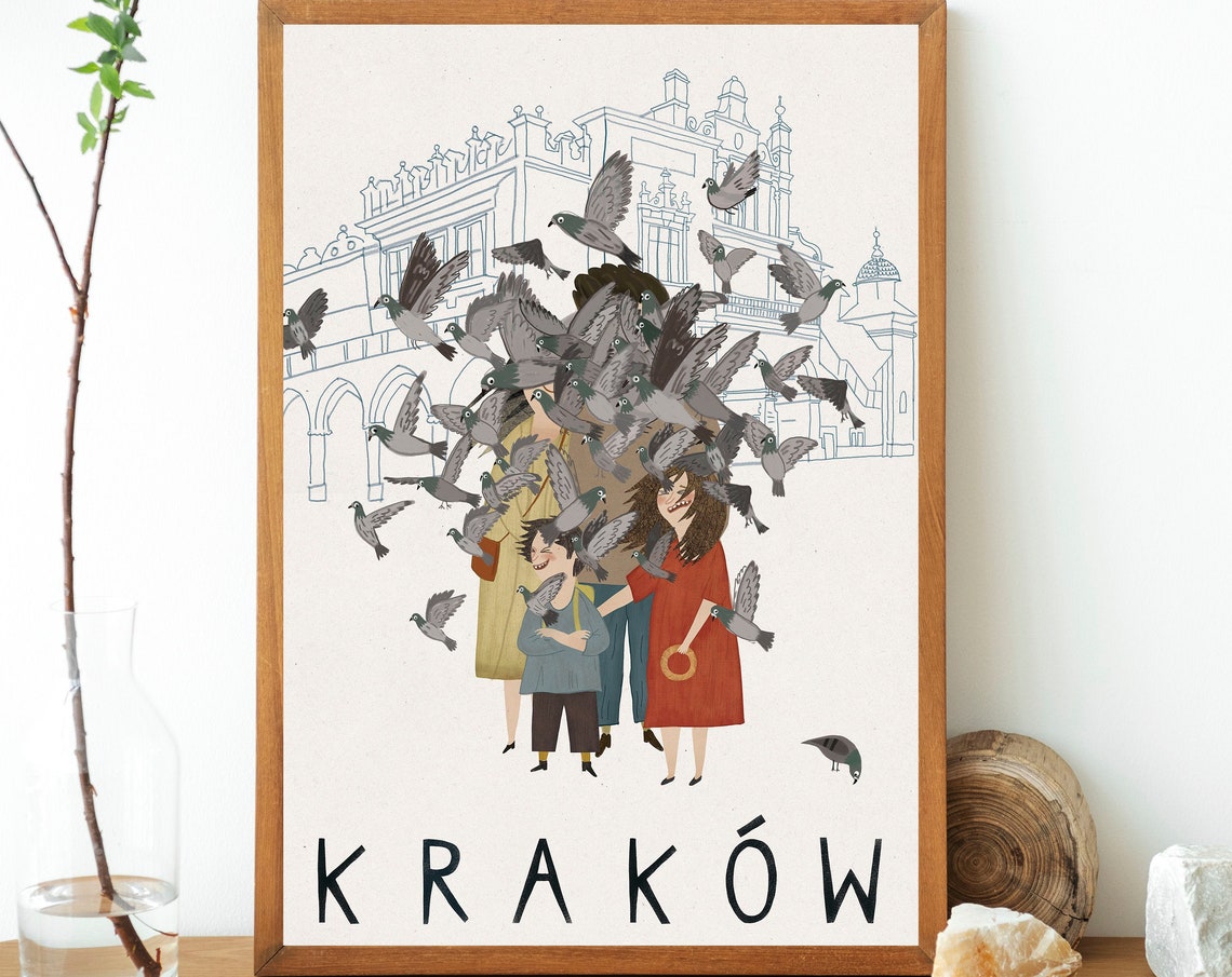 Krakow Old Town Square Pigeon Flock Whimsical Family Travel Poster