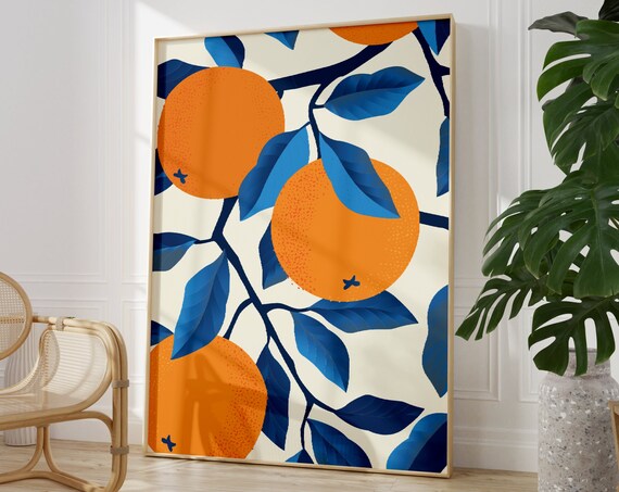 Orange Branch Botanical Art Print Blue Leaves Citrus Pattern Decor