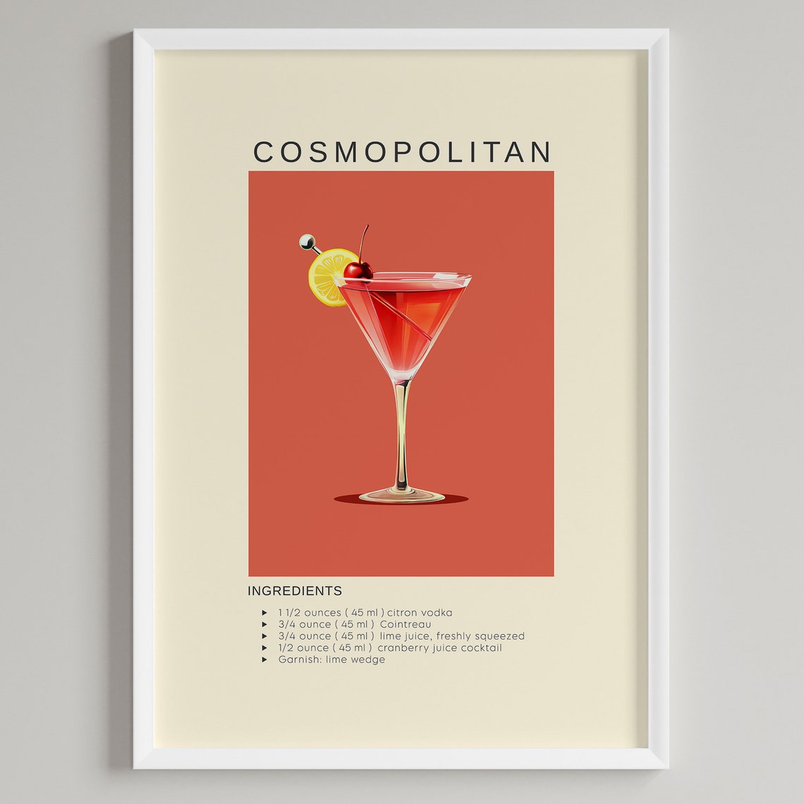 Cosmopolitan Cocktail Recipe Minimalist Bar Cart Decor Poster