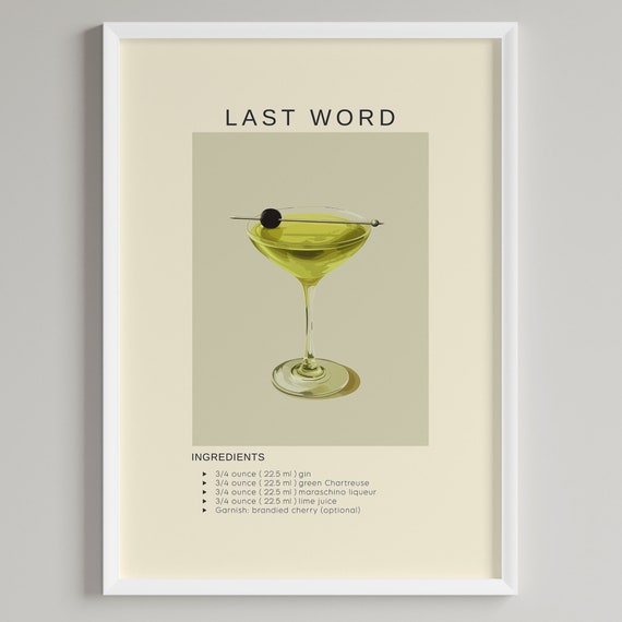 Last Word Cocktail Poster, Minimalist Bar Cart Decor