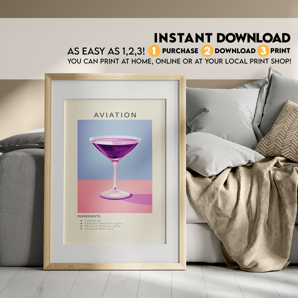 Aviation Purple Gin Cocktail Recipe Violet Bar Cart Art Poster - Image 3