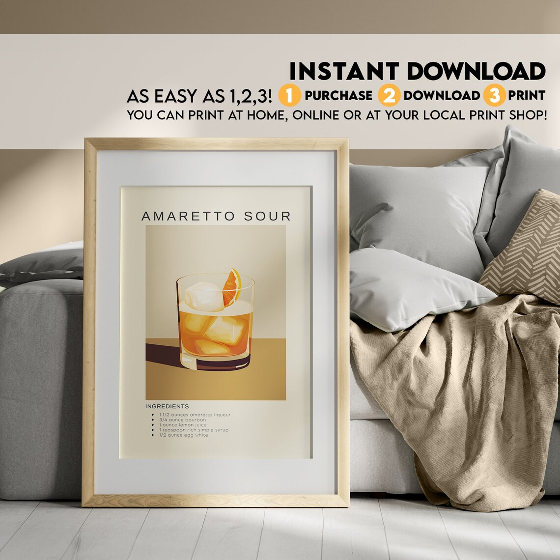Amaretto Sour Cocktail Art Print, Bar Cart Decor - Image 3