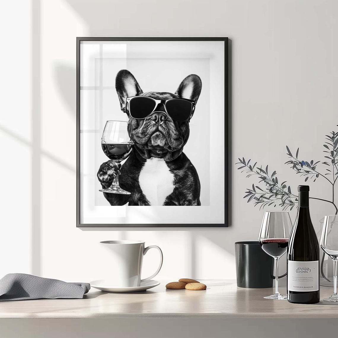 French Bulldog Wine Wall Art Black And White Print French Bulldog Bar Cart Print Dog Lover Gift Funny Dog Poster Bar Decor Kitchen Art Lover - Image 3