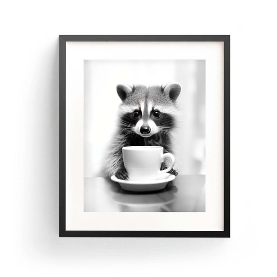 Adorable Raccoon Holding Coffee Cup Black White Animal Poster