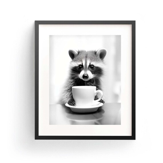 Raccoon Coffee Print Animal Coffee Poster Funny Raccoon Art Cute Raccoon Morning Coffee Cute Animal Gift Wild Animal Decor Animal Kitchen