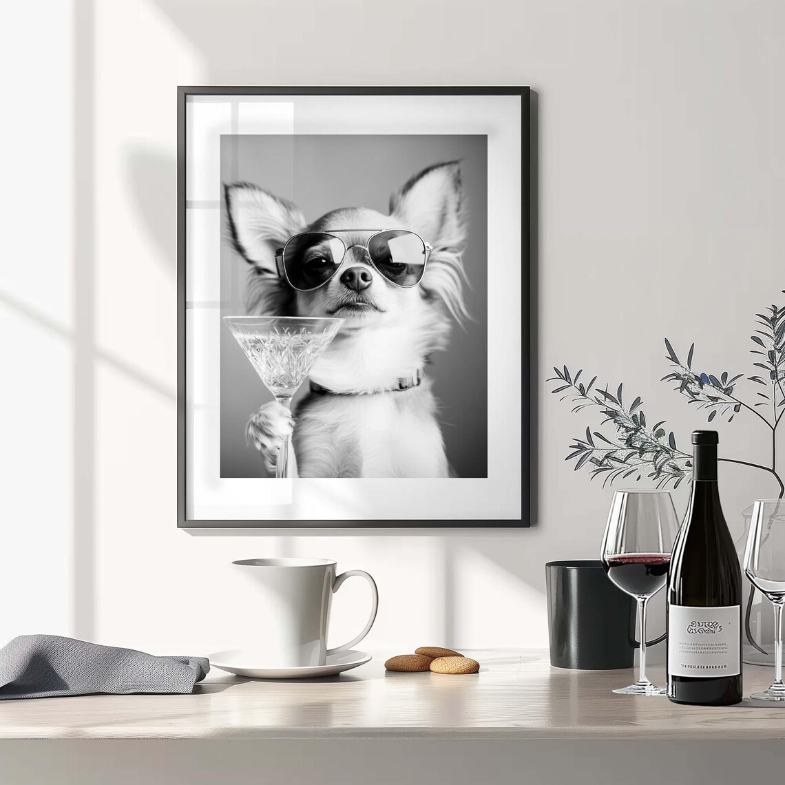 Chihuahua Cocktail Wall Art, Black And White Art Print - Image 3