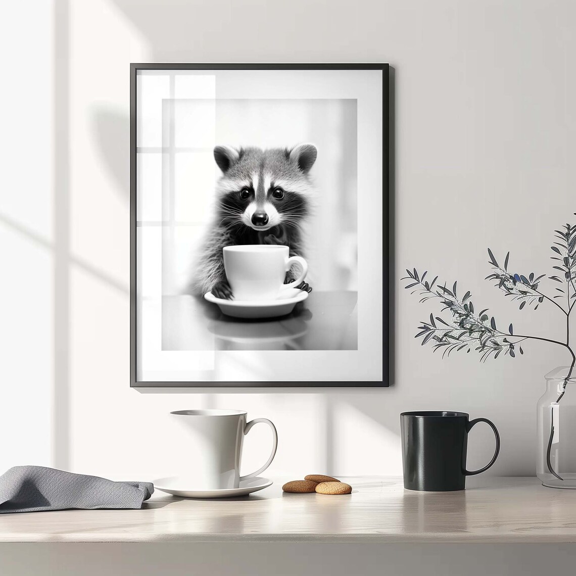 Adorable Raccoon Holding Coffee Cup Black White Animal Poster - Image 3