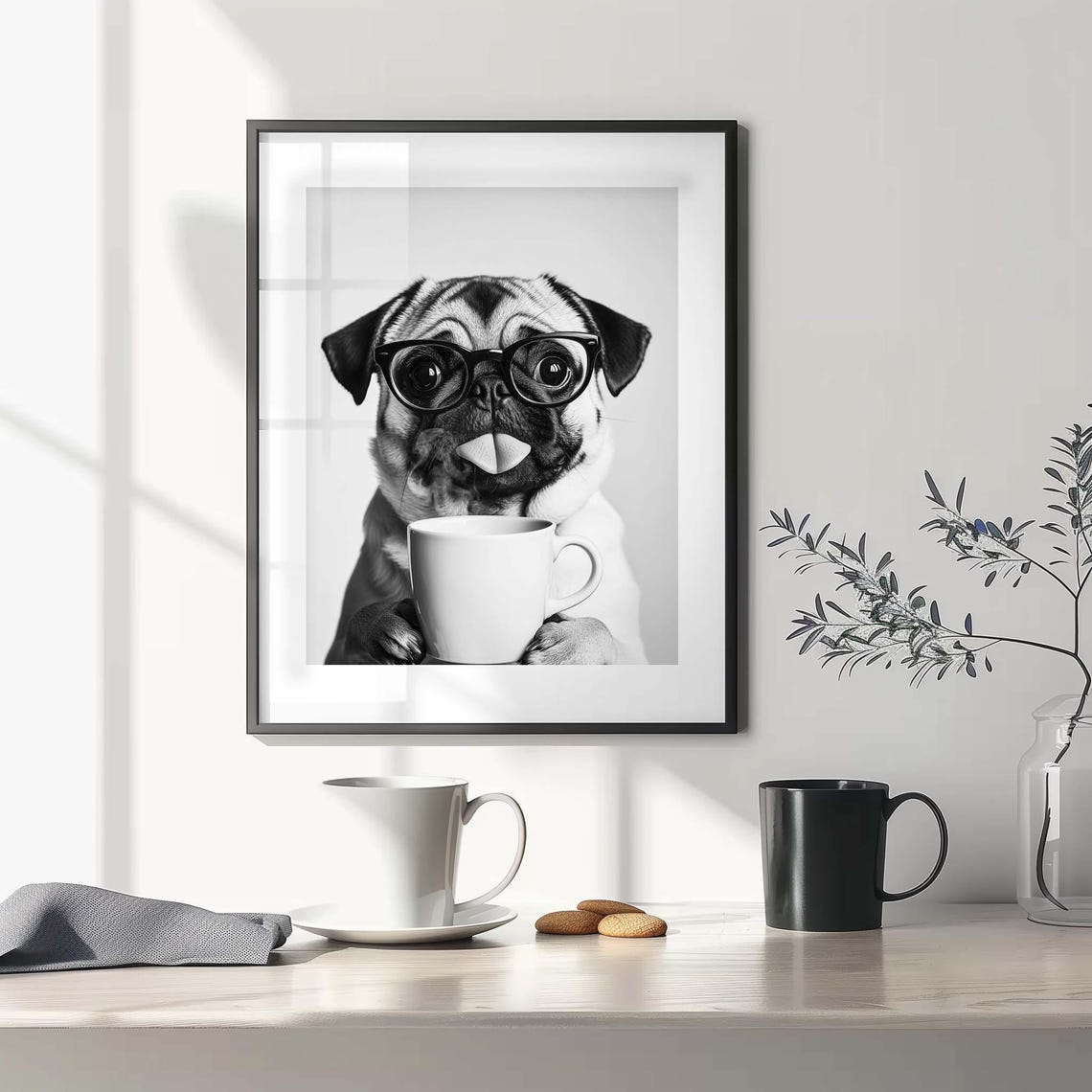 Pug with Glasses Holding Coffee Mug Funny Black and White Poster - Image 2