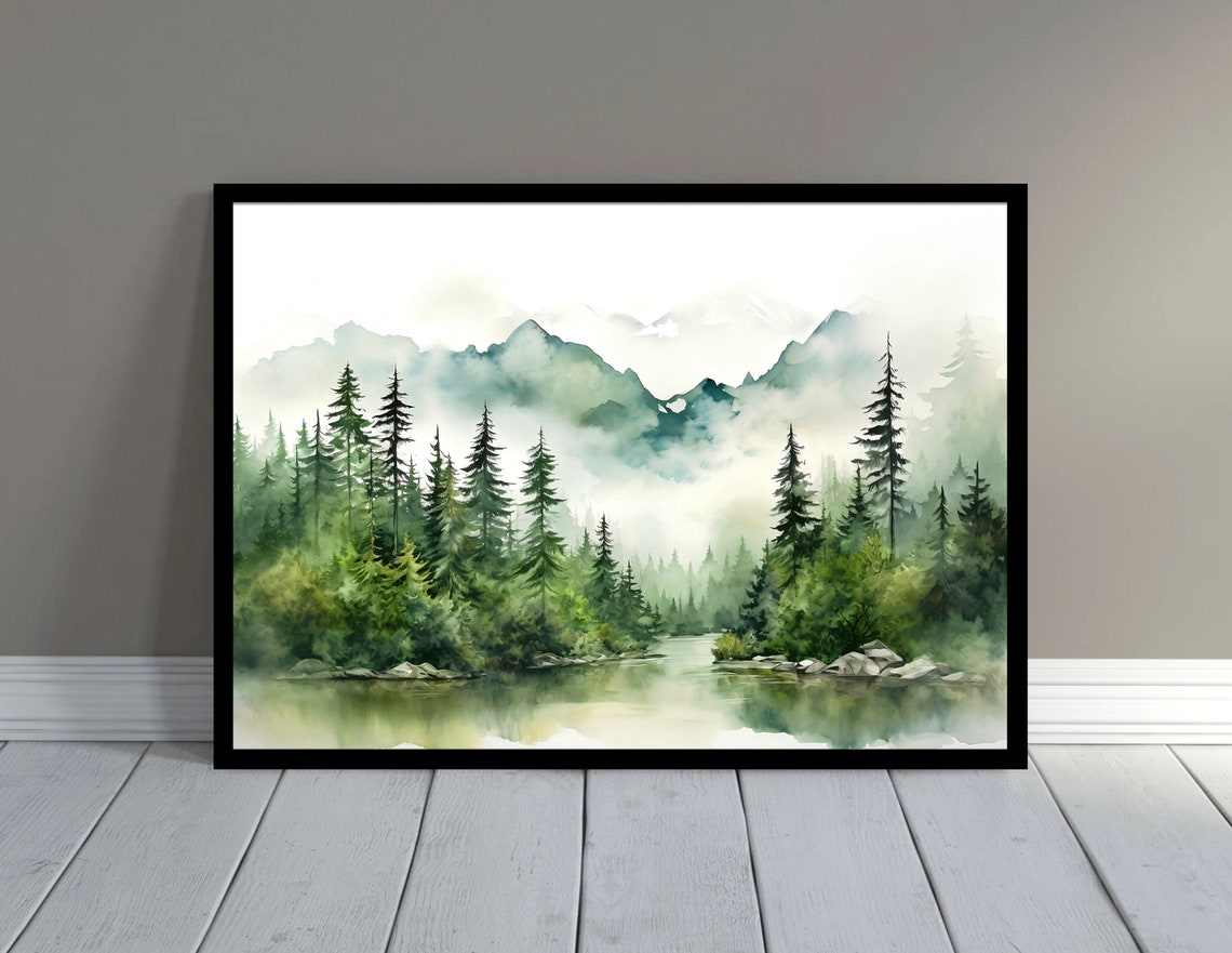 Misty Pine Lake Mountain Reflection Watercolor Art Scene Poster - Image 2