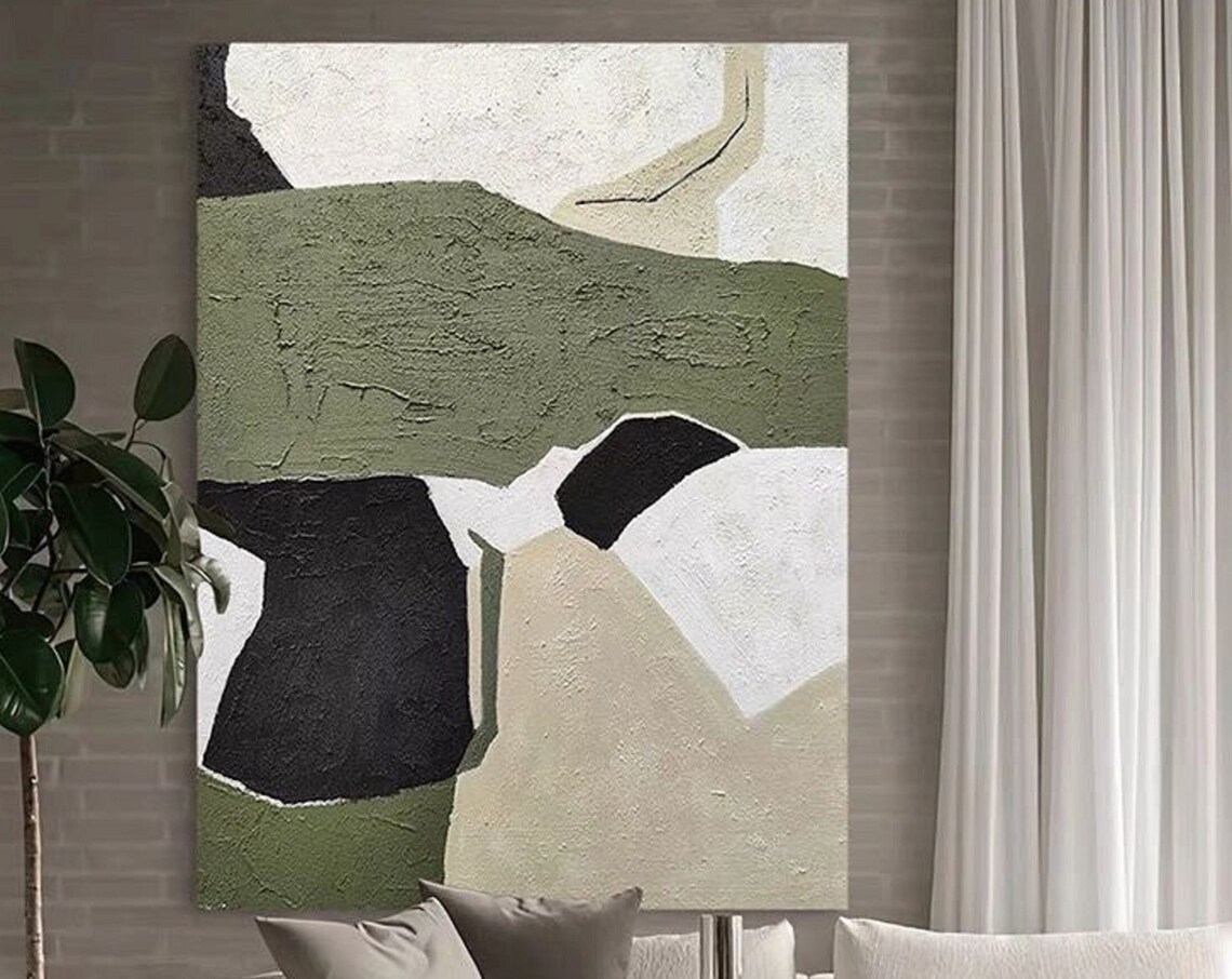 Green And White Abstract Painting On Wall Art Green Painting Black And White Painting Textured Painting Framed Painting Room Decor - Image 5