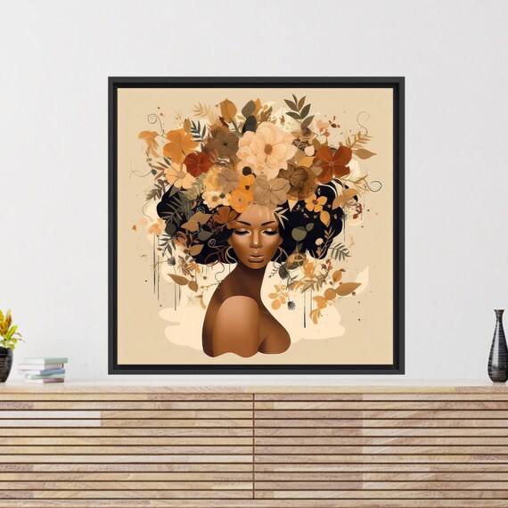 African Woman Flower Afro Crown Portrait Warm Botanical Wall Art