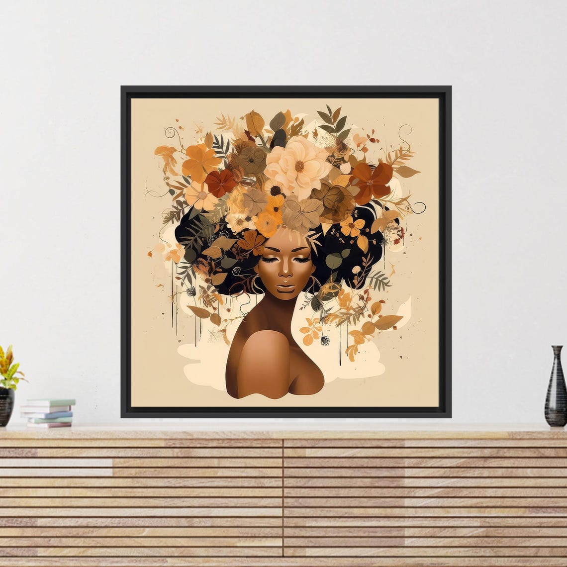 African Woman Flower Afro Crown Portrait Warm Botanical Wall Art