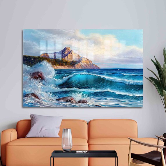 Crashing Ocean Waves Rocky Coast Mountain Dramatic Seascape Poster
