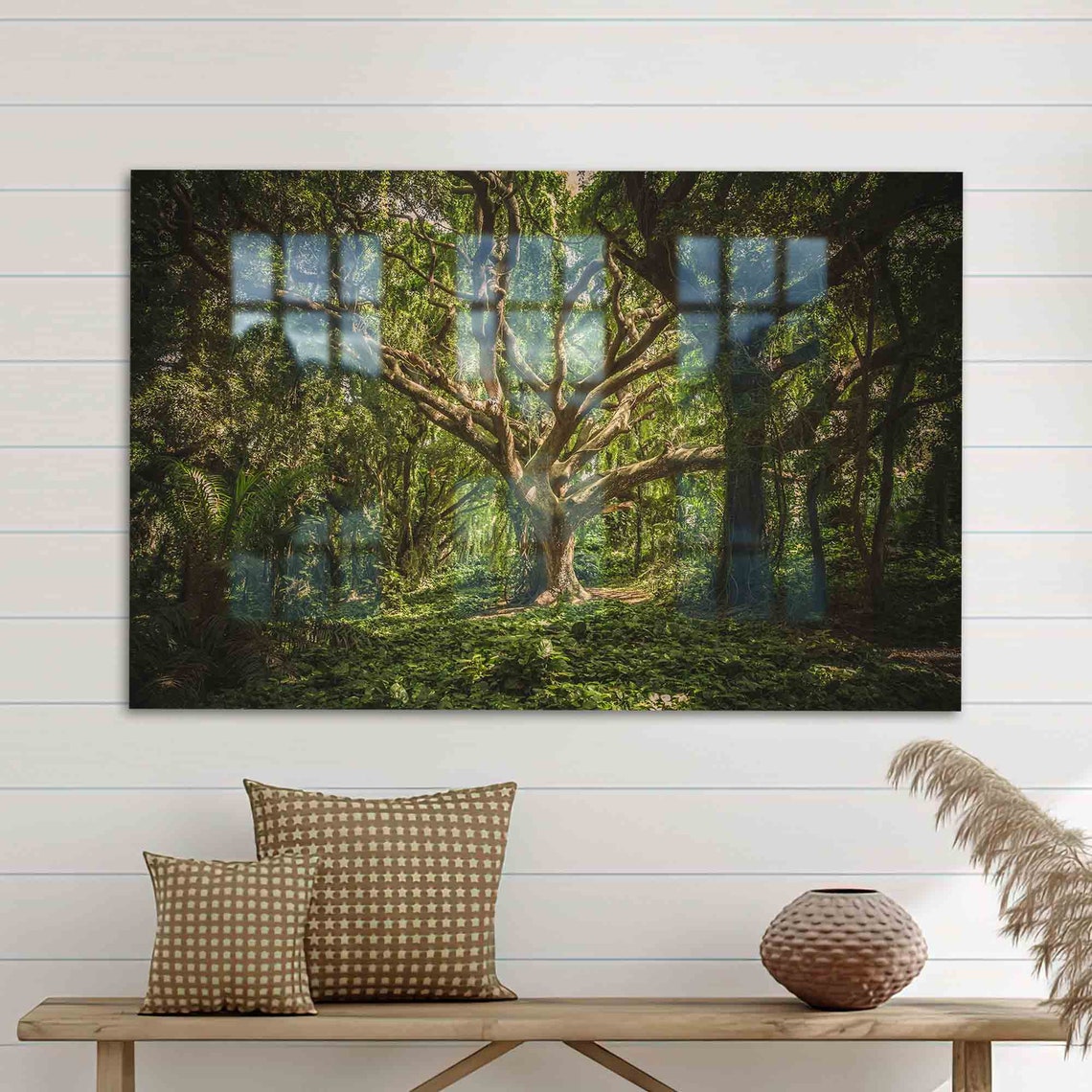 Ancient Spreading Tree in Lush Green Forest Sunbeams Wall Art