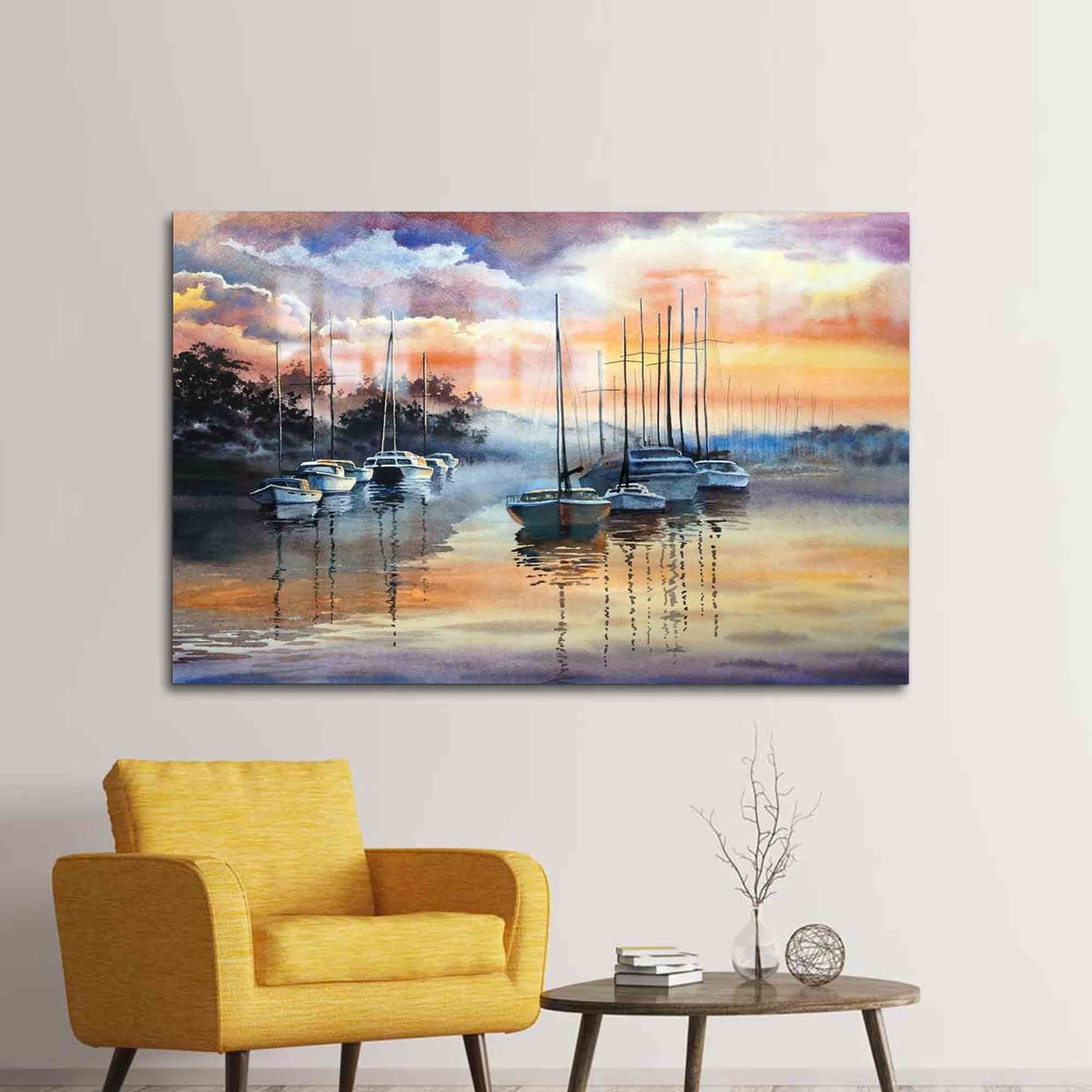 Masted Sailboats in Harbor Sunset Reflections Watercolor Wall Art