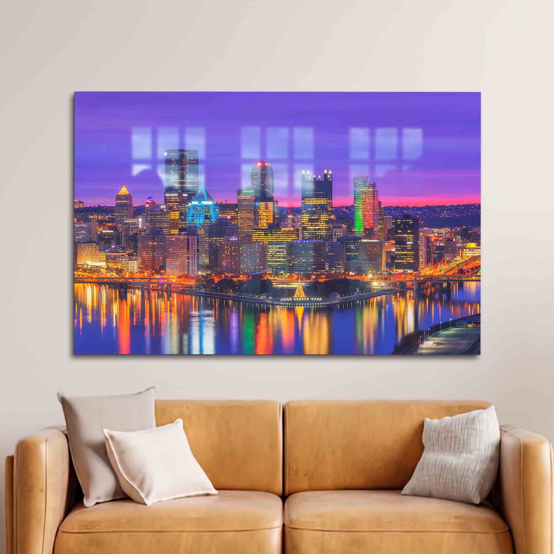 Pittsburgh Skyline at Dusk with Glowing Lights Reflected in River Poster