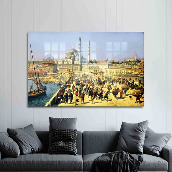 Istanbul Galata Bridge Old Town Crowded Market Scene Vintage Painting Poster