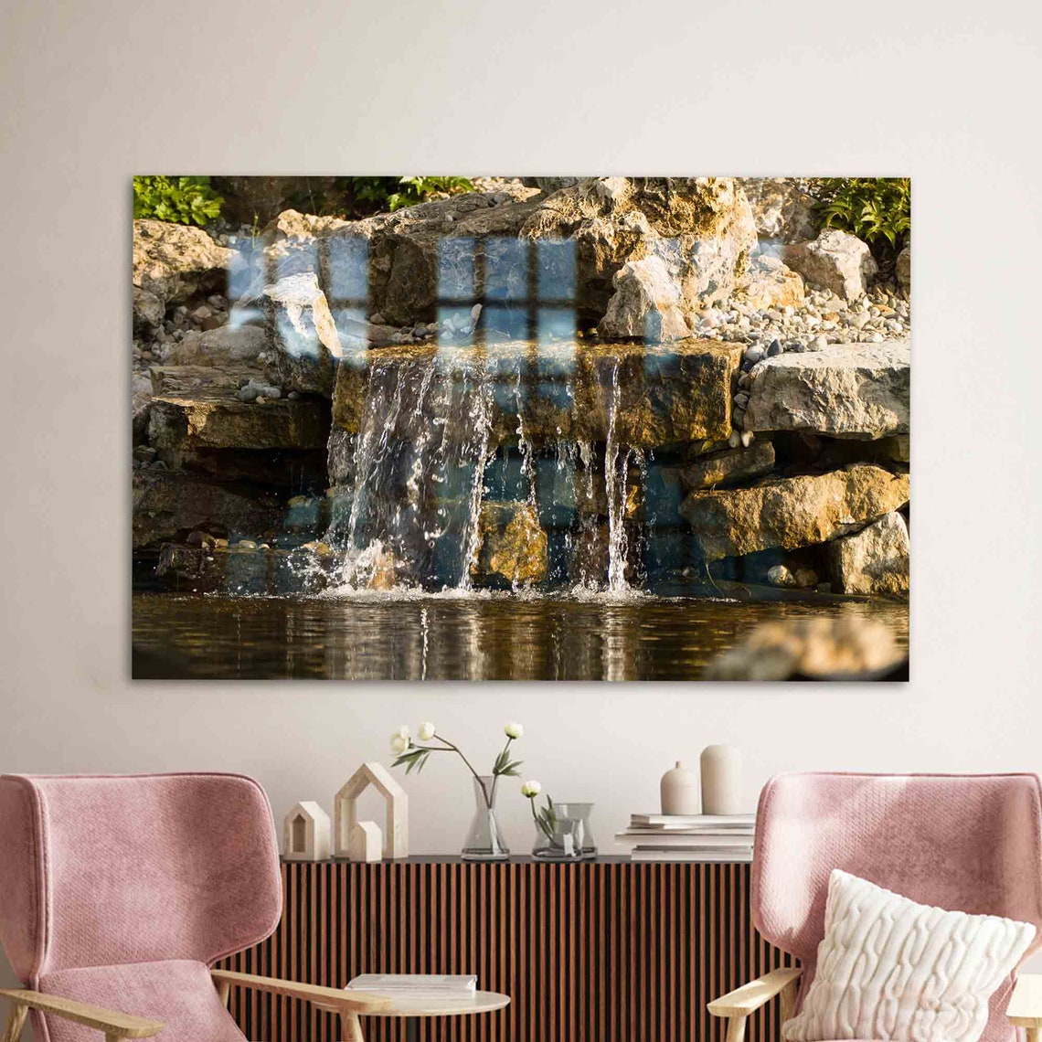 Sunlit Rock Waterfall Garden Pond Splash Nature Photo Poster