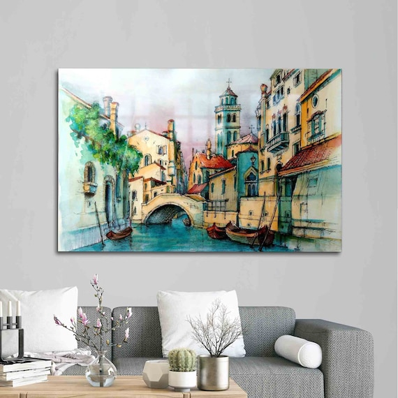 Venice Canal Bridge Boats Old Town Watercolor Painting Poster