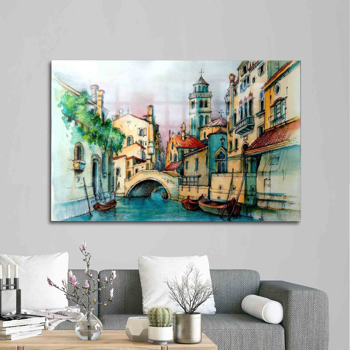 Venice Canal Bridge Boats Old Town Watercolor Painting Poster