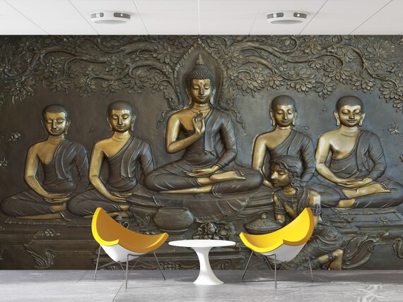 Buddha Statue Print Gold Wall Statute Buddga Sculpture Painting Meditation Mural Paper