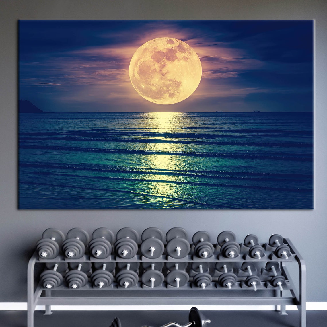 Full Moon Over Ocean Canvas Art Moonlight Sea View Wall Decor Night Sky Poster Lunar Reflection Landscape Print