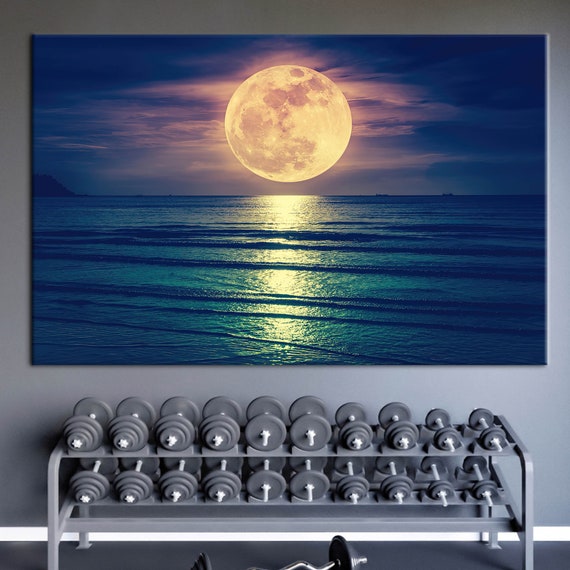 Full Moon Over Ocean Canvas Art Moonlight Sea View Wall Decor Night Sky Poster Lunar Reflection Landscape Print