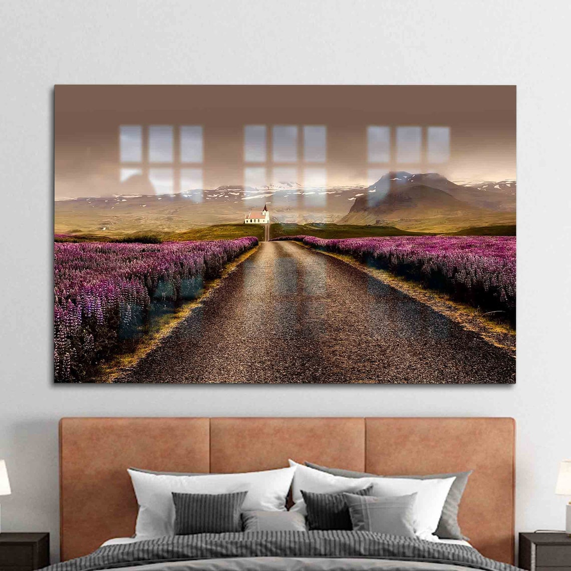 Road Through Purple Lupine Fields to Remote Church Photo Poster