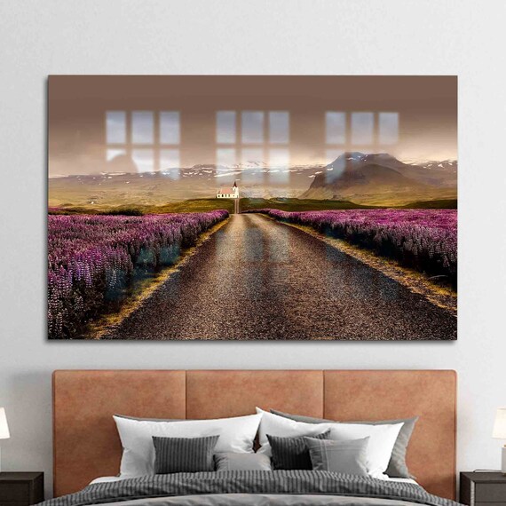 Road Through Purple Lupine Fields to Remote Church Photo Poster