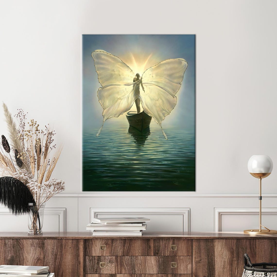 Butterfly Winged Woman in Boat Surreal Sunrise Painting Wall Art