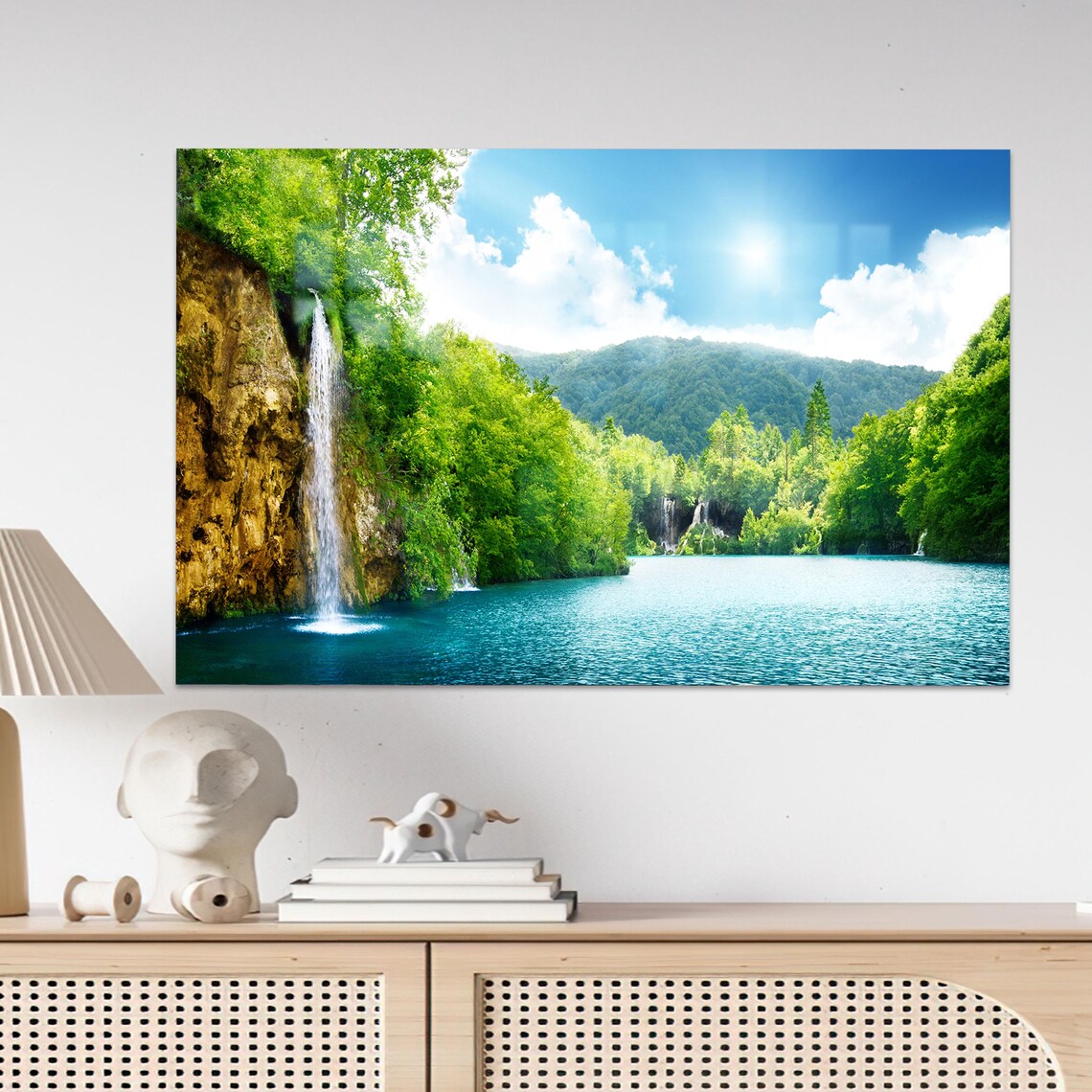 Waterfall Glass Wall Art Print, Deep Forest Decor
